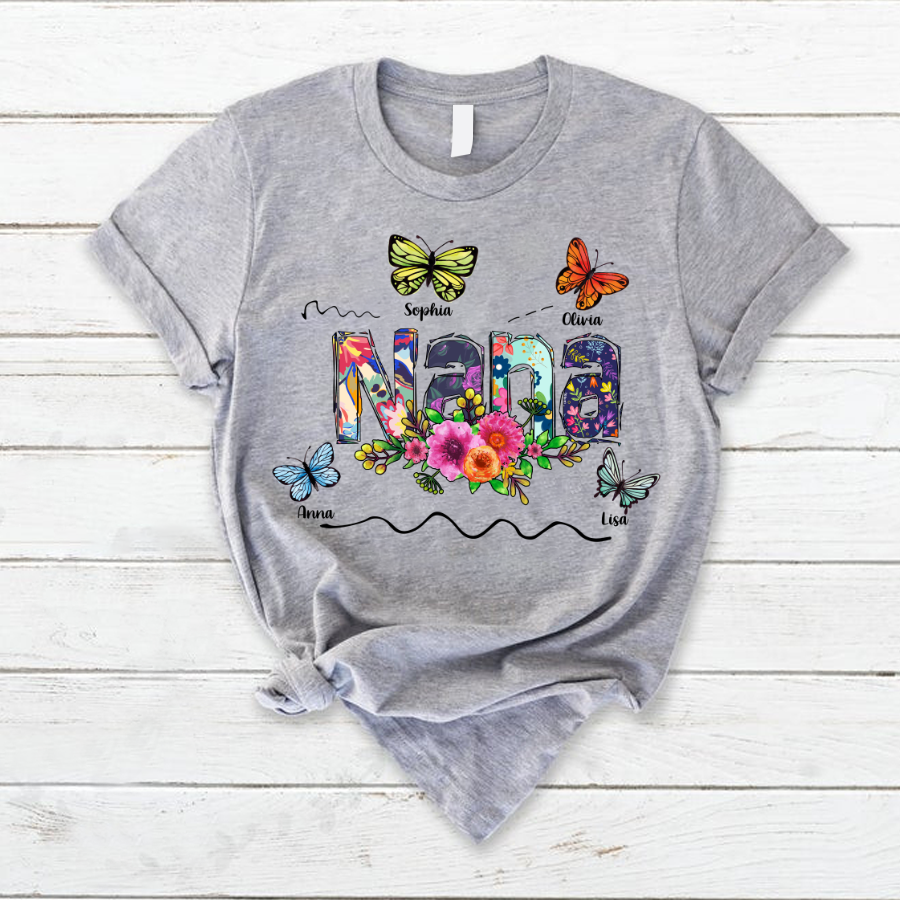 Nana Flower Butterfly Custom Names T-Shirt