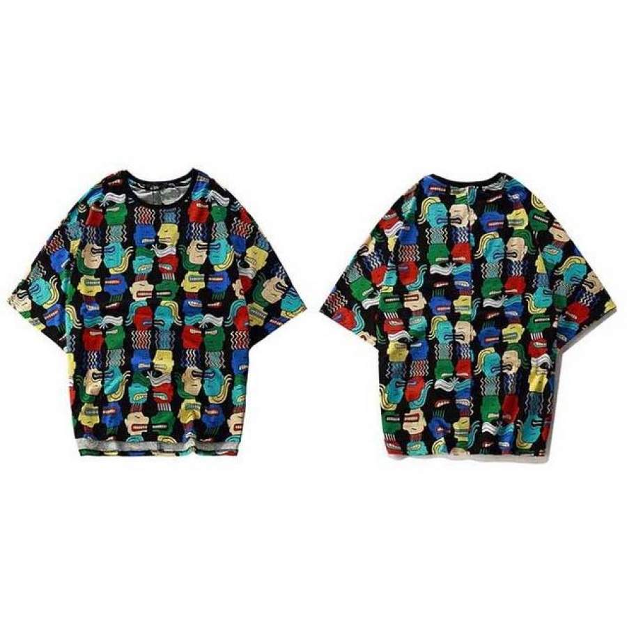 Men Creative Paint Cartoon T shirt Street wear Summer Casual Fashion Loose T-Shirt Half Sleeve Print