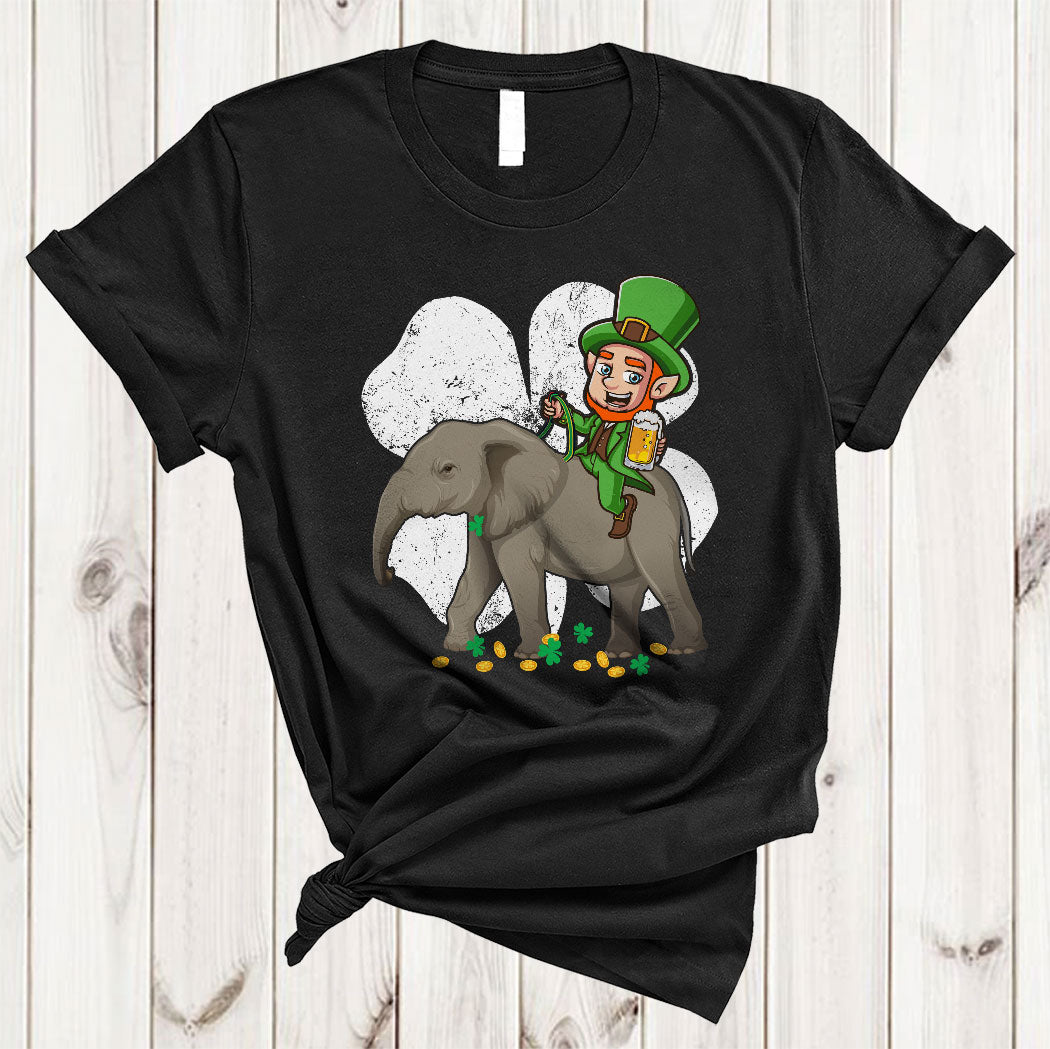 Leprechaun Riding Elephant With Shamrock Sharp Cute St. Patrick’S Day Drinking Beer Animal T-Shirt