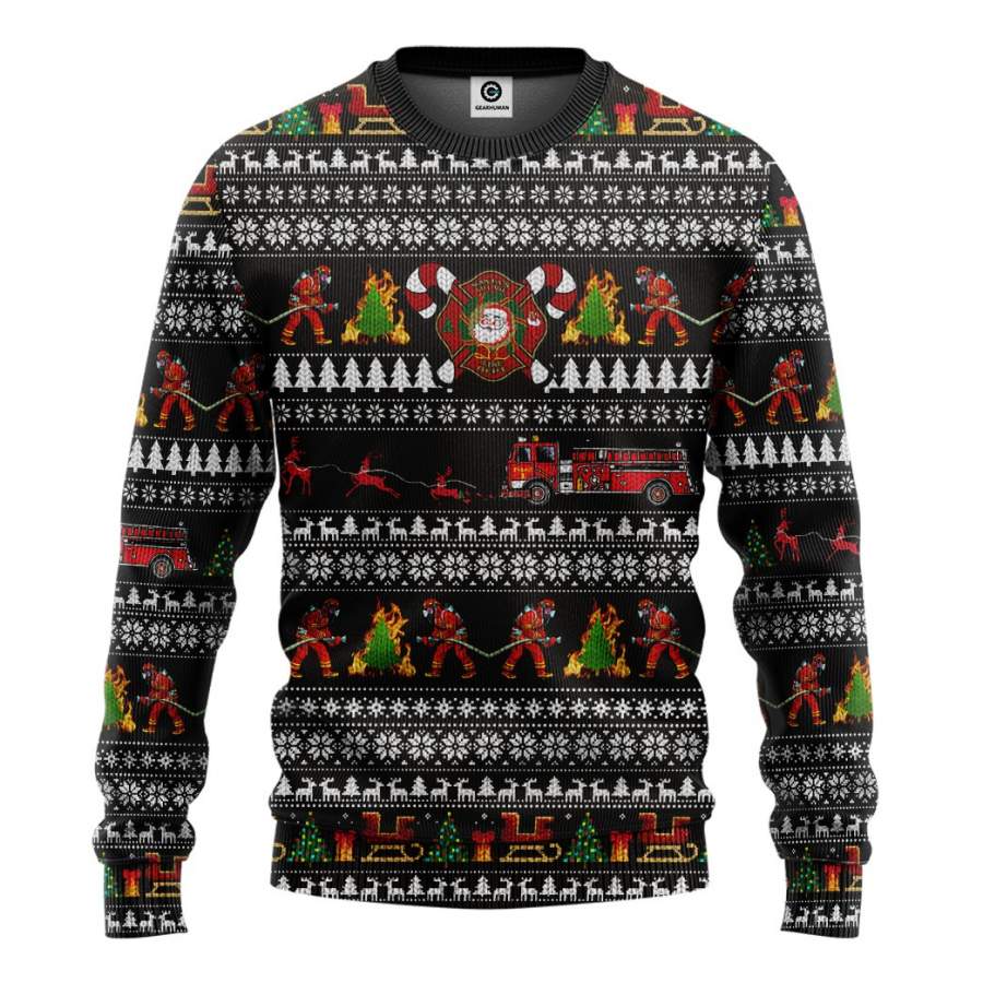 3D Santa Village Firefighter Ugly Christmas Sweater Custom Sweatshirt Apparel