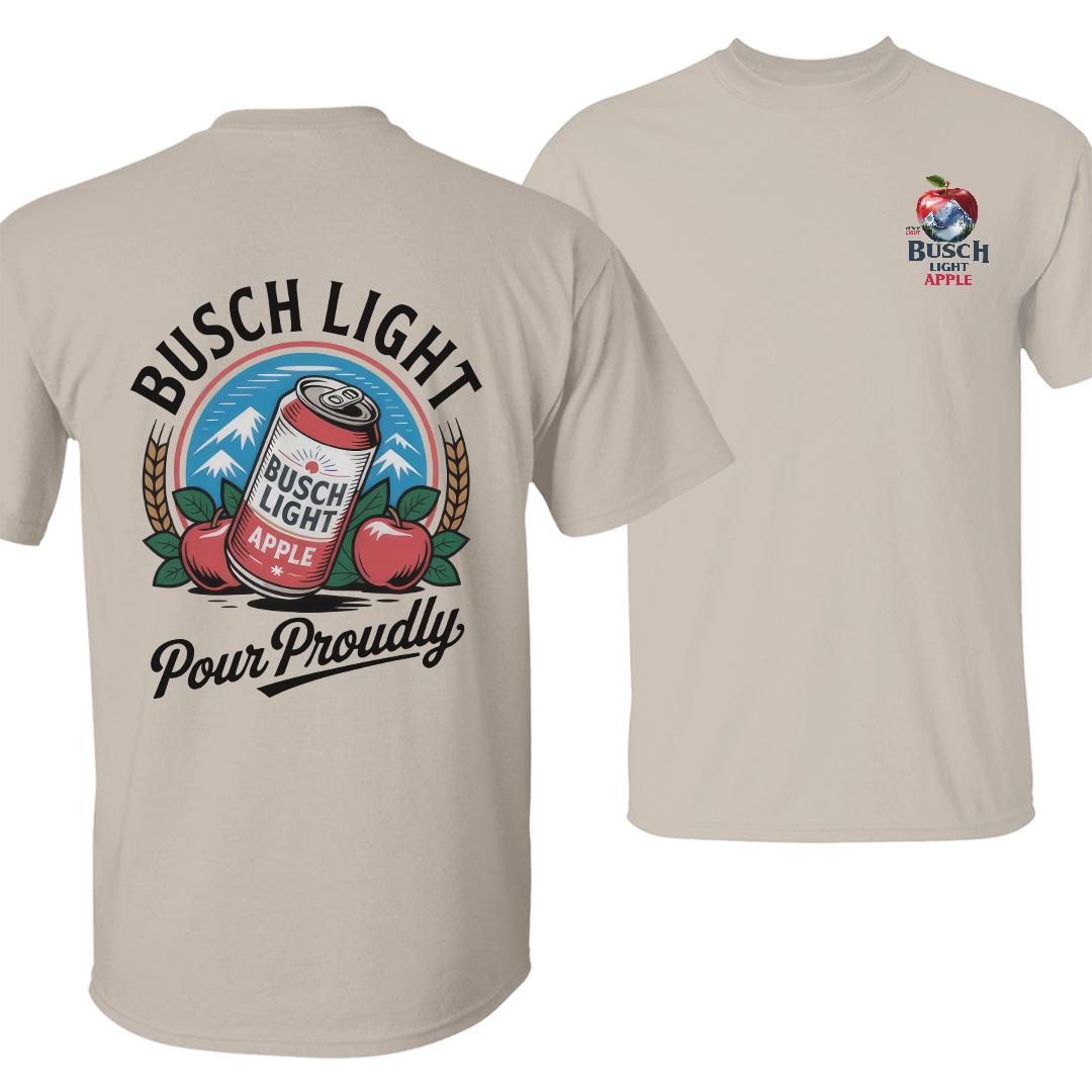 Busch Light Apple Pour Proudly T-Shirt Beer Merchandise, White Cotton Tee with Small Chest Logo, Large Can with Apples and Wheat Graphic on the Back, Stylish and Comfortable Unisex Apparel for Hunters, Outdoorsmen, and Nature Enthusiasts