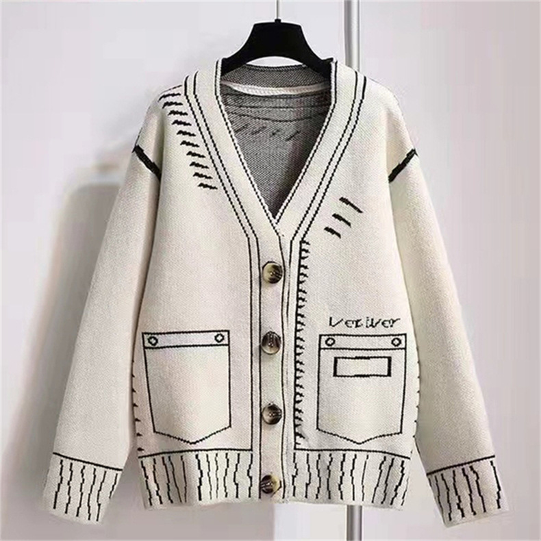 Women’s Korean Fashion Loose Graffiti Knitted Cardigans Sweaters Long Autumn Winter Knitted Sweaters Fashion Casual Jacket Tops alx