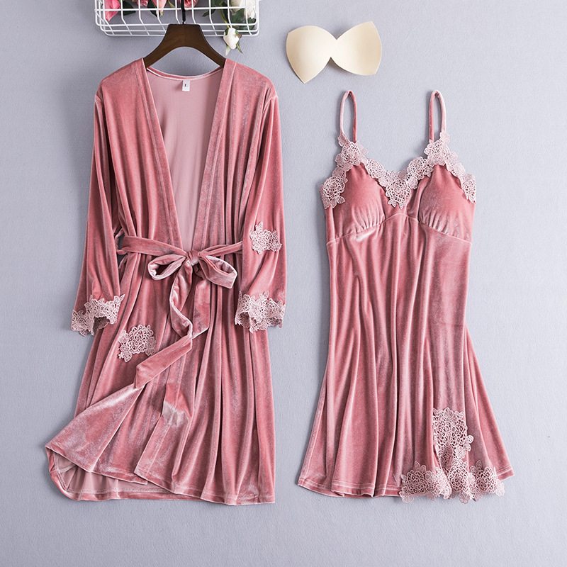 2pcs Nightgown Sleep Set Gray Womens Velour Sleepwear Robe Kimono V-Neck Pijamas Softy Gown Sleepshirt Pajamas Suit Homewear alx