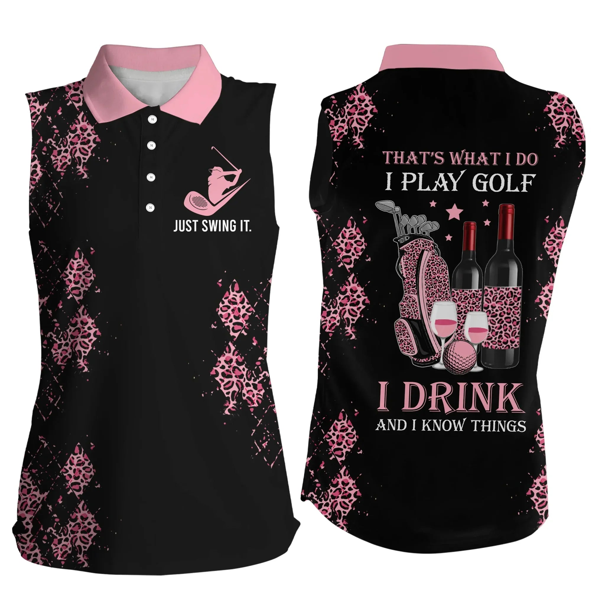 Black Pink Leopard Womens Sleeveless Polo Shirt, Funny Golf Wine That’S What I Do, I Play Golf I Drink