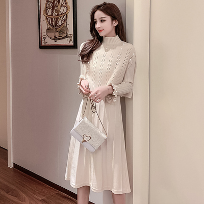 2021 Autumn Winter Knitted 2 Piece Set Women Long Flare Sleeve Pullover Sweater Dress+Lady Knitting Beaded Vest Suit alx