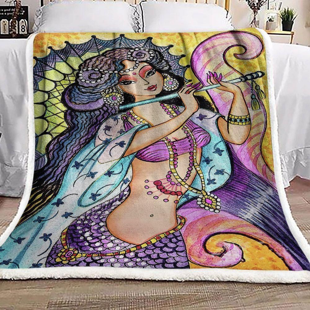 Beautiful Mermaid With Flute Pattern Fleece Blanket, Sherpa Blanket, Gift For Parent, Family Member, Friends Gift, Christmas Gift, Home Decor, Home Living