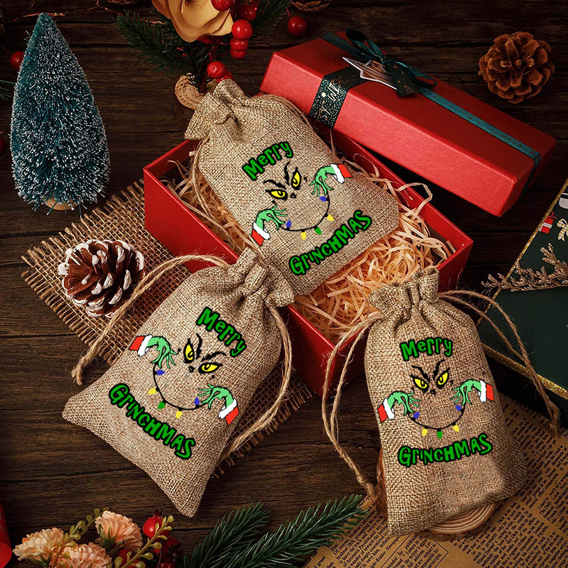 5pcs Merry Grinchmas Grinch Burlap candy gift Bag rustic country farmhouse Christmas Party Xmas tree decoration boy girl present alx