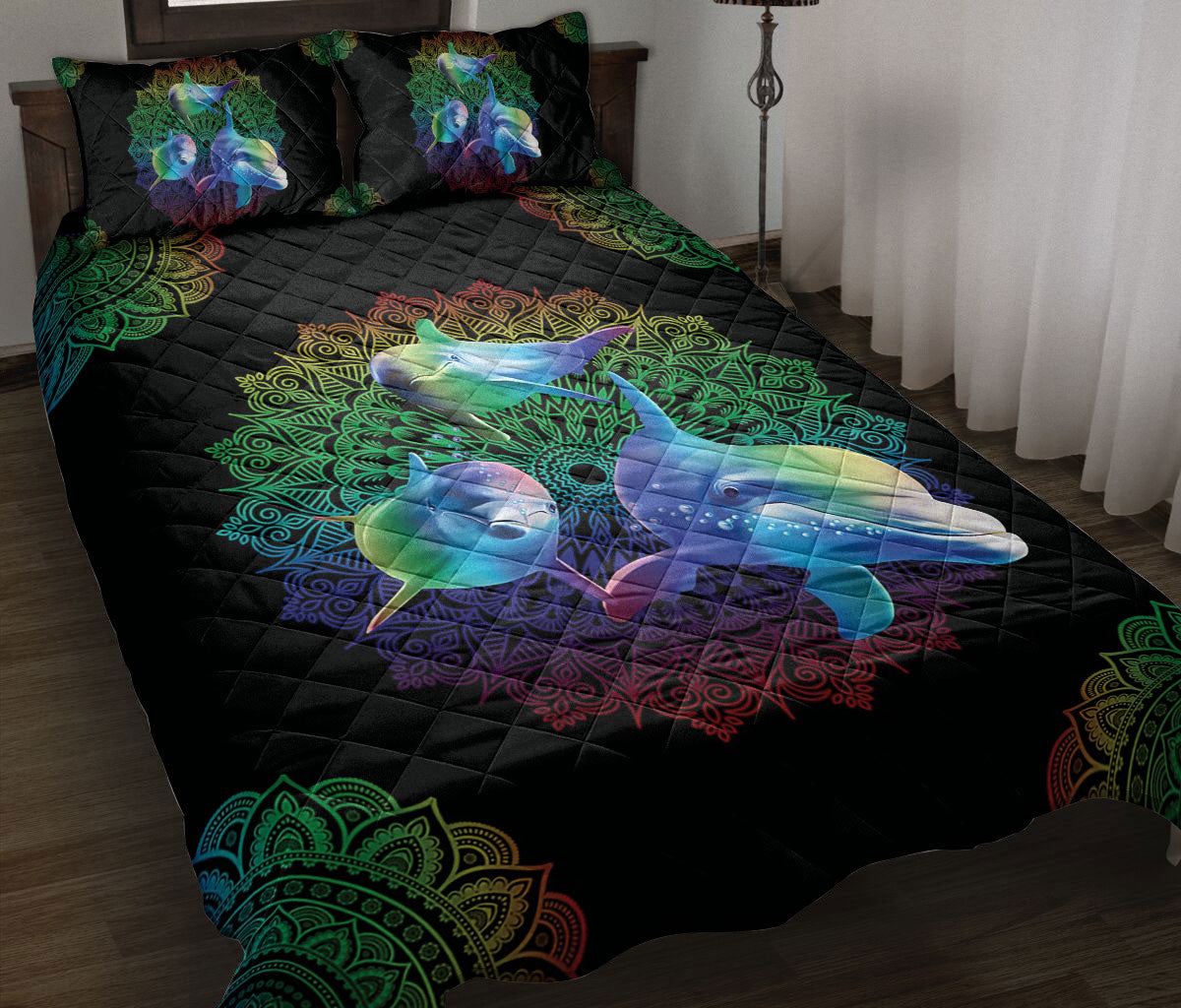 Dolphin Quilt Set, Rainbow Dolphin Mandala Sea Quilt Blanket With Pillowcases, Quilt Bedding Set