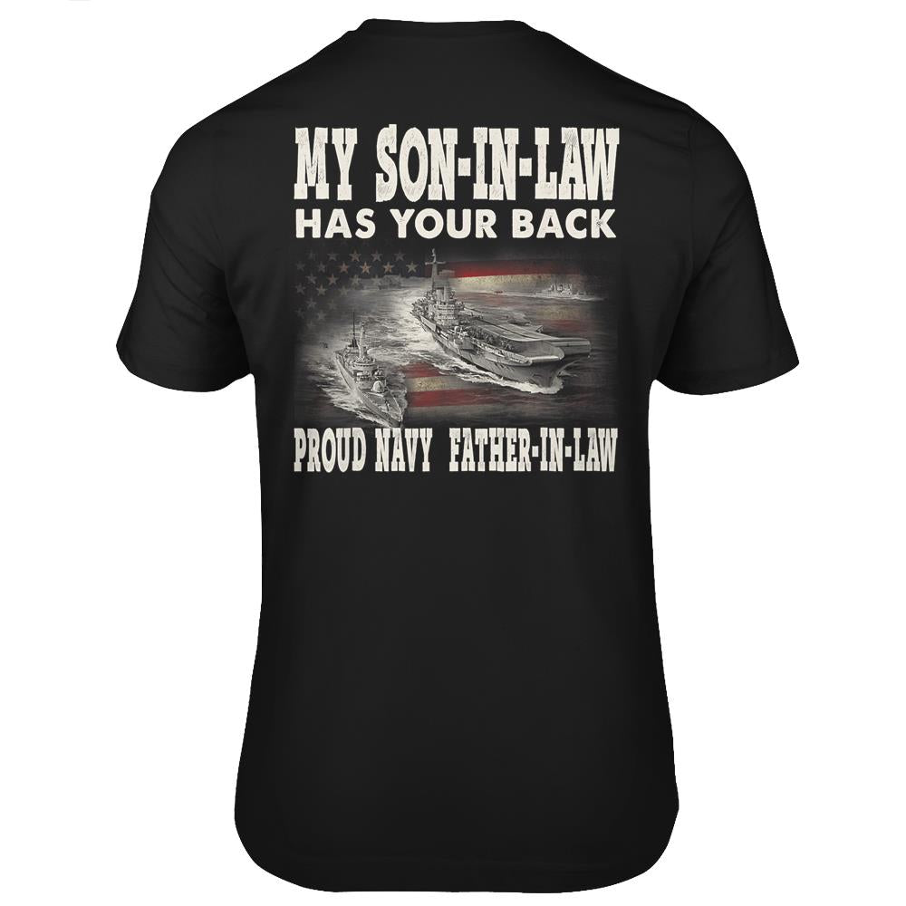 Mens Proud Navy Father-In-Law My Son-In-Law Has Your Back T Shirts Print On Back