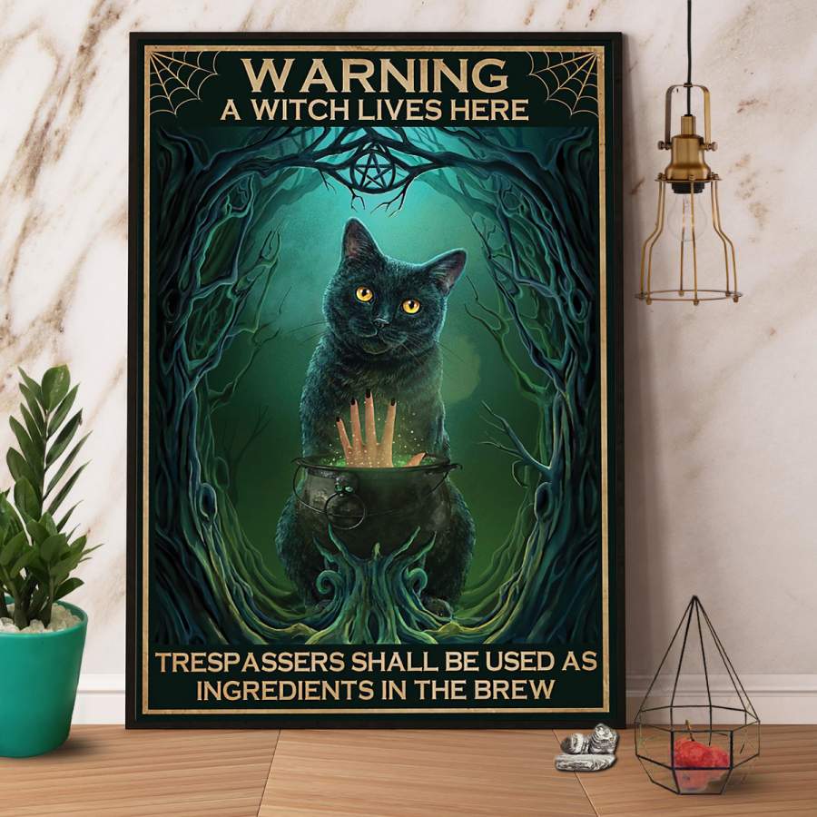 Black cat warning a witch lives here Halloween paper poster no frame/ wrapped canvas wall decor full size