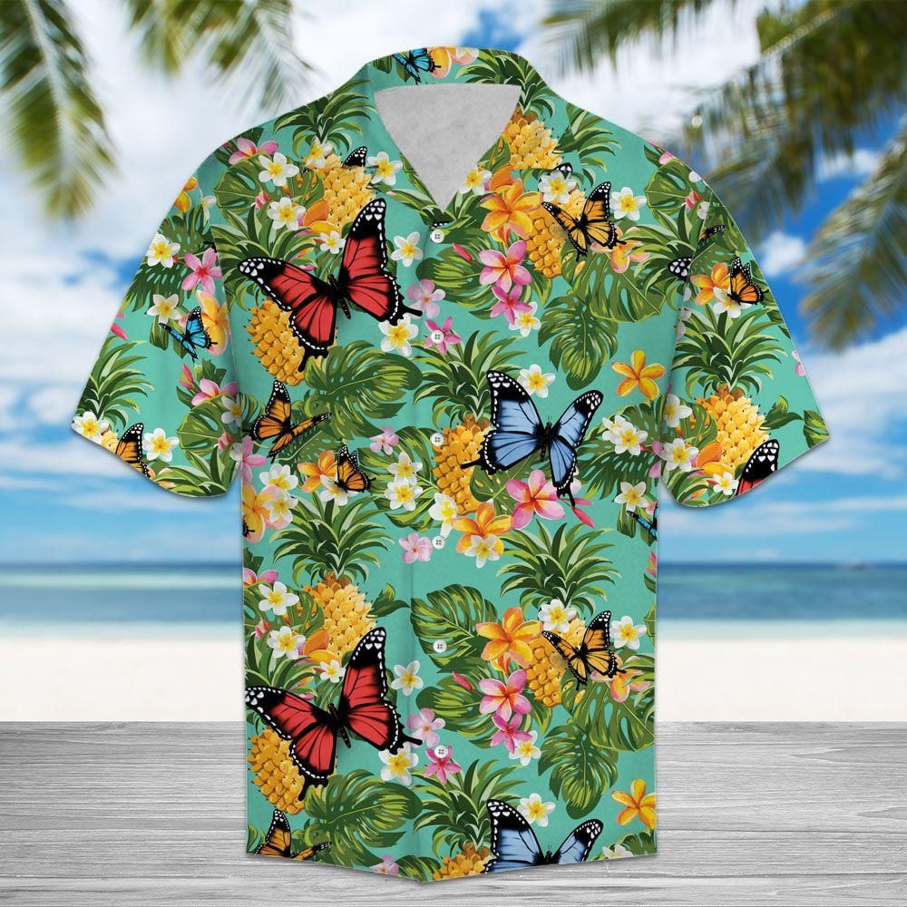 Tropical Pineapple Butterfly Aloha Hawaiian Shirt Colorful Short Sleeve Summer Beach Casual Shirt For Men And Women