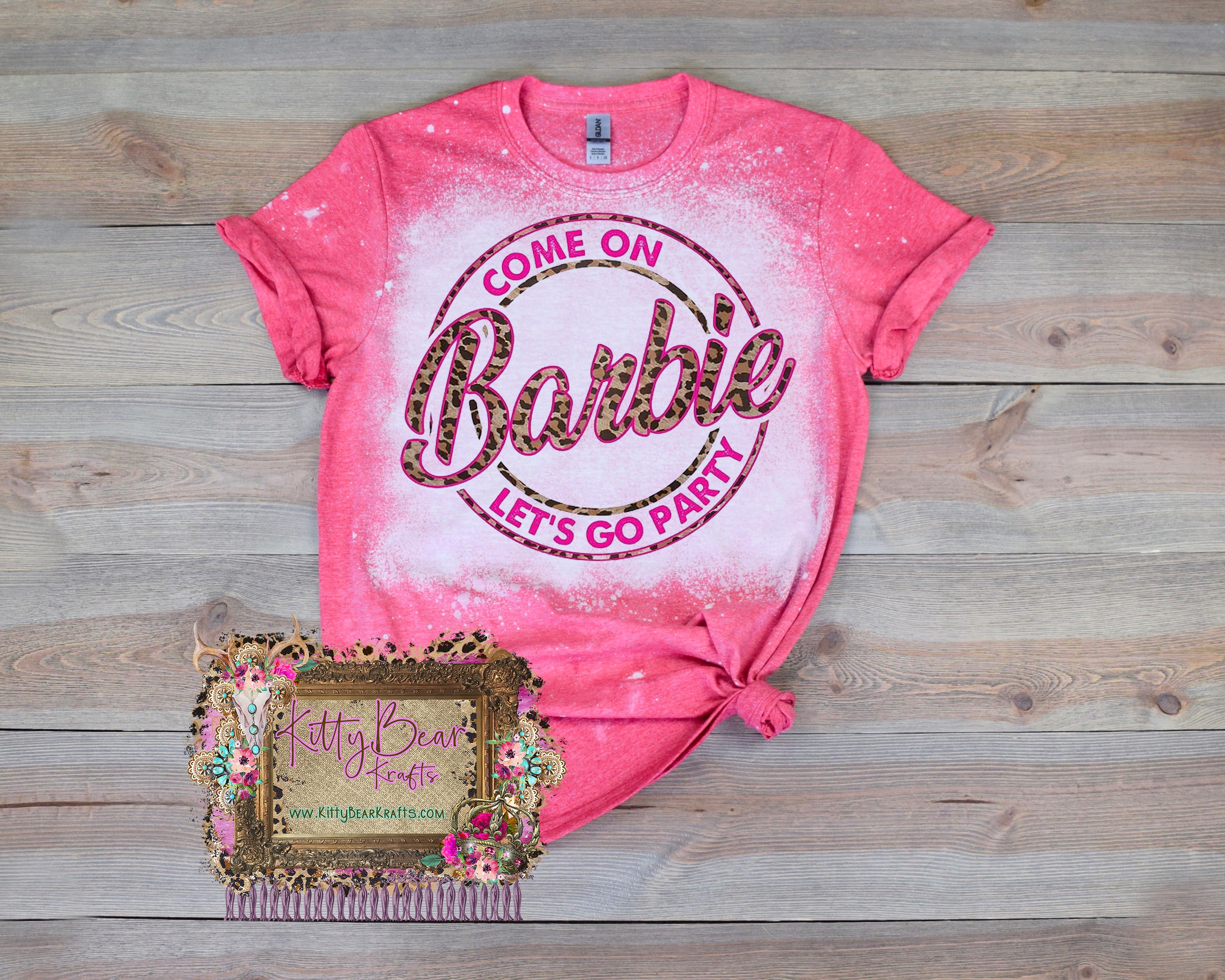 Come On Barbie Let’S Go Party Leopard Pink Bleached Tee T-Shirt