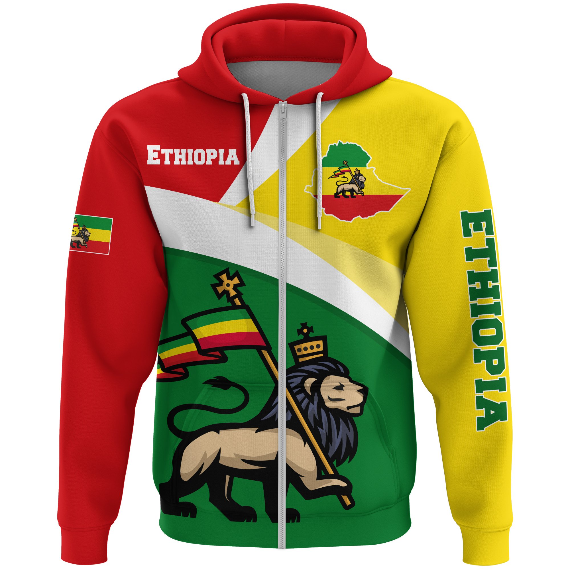 1stTheWorld Ethiopia Full-Zip Hoodie, Ethiopia Flag Maps Lion A10