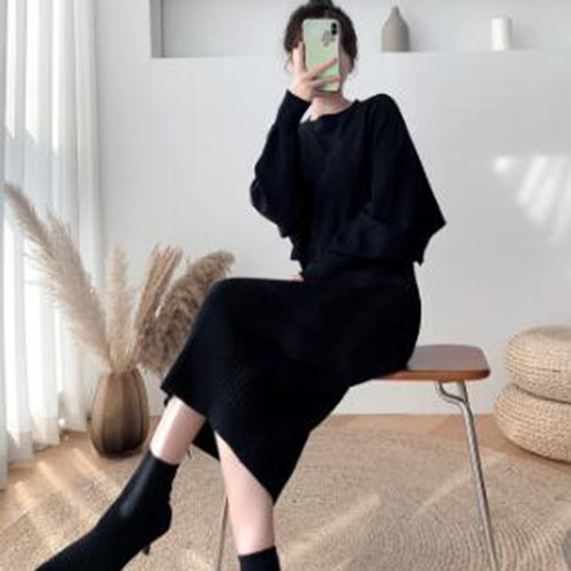 Two Piece Set Female Sweater Dress Autumn Winter High Waist Knitted Ensemble Femme Medium Long Party Dresses Elegant Slim alx