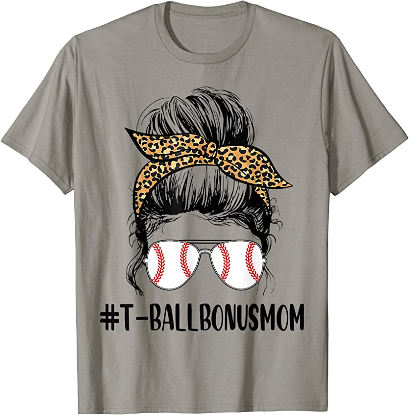 T-ball Bonus Mom Life Messy Bun Leopard Print Softball Mom T-Shirt