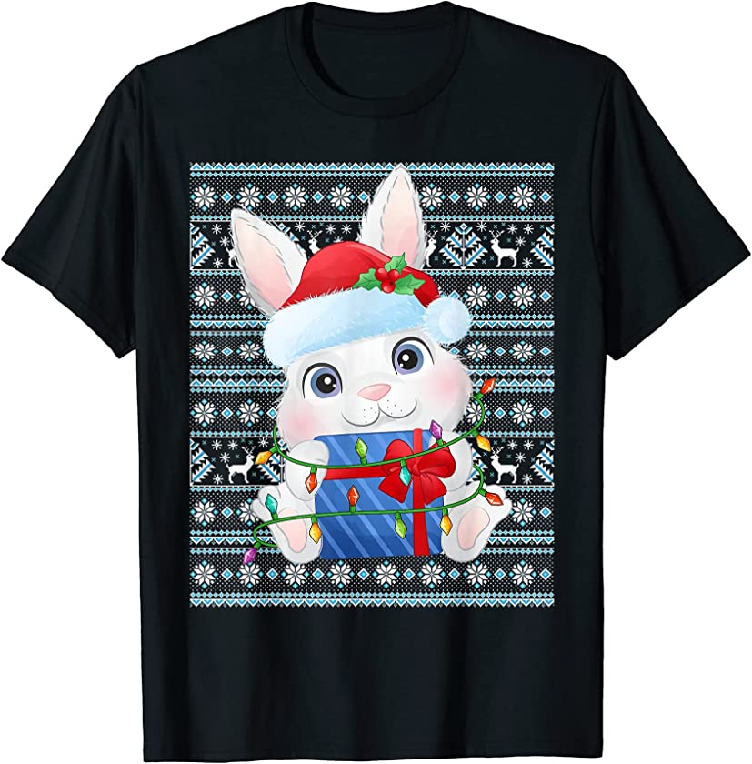 Bunny Rabbit Christmas Ugly Lighting Santa Hat For Family T-Shirt