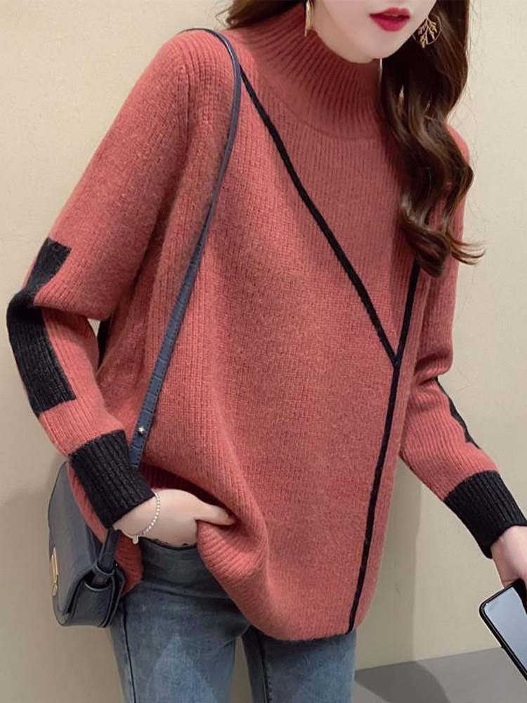 Autumn Winter Color Contrast Knitting Bottoming Shirt Women’s Wear New Classic Long Sleeve Plush Thickening All-match Sweaters alx