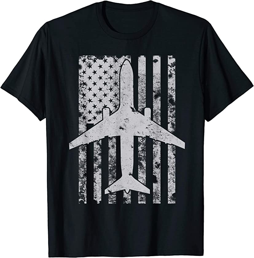 737 Airliner B-737 Airplane Vintage Patriotic Flag Pilot T-Shirt