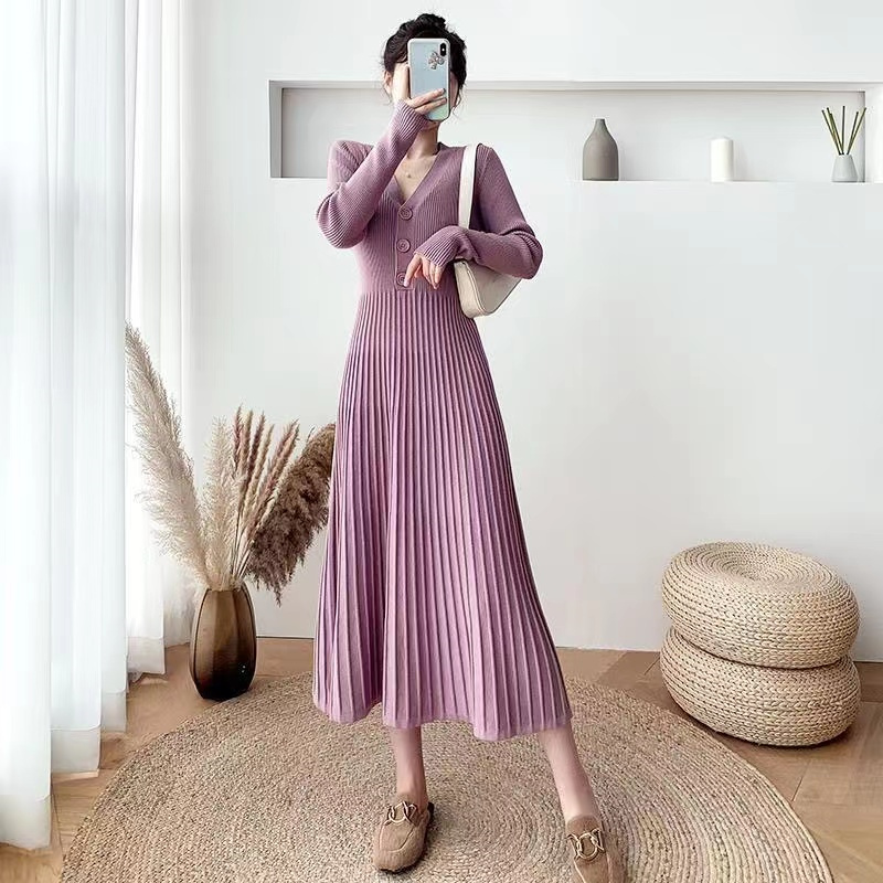 WYWM Slimming Flexible V-neck Long Knitted Dress Women Autumn Elegant Pleated High Waist Dresses Female Solid Harajuku Dress alx