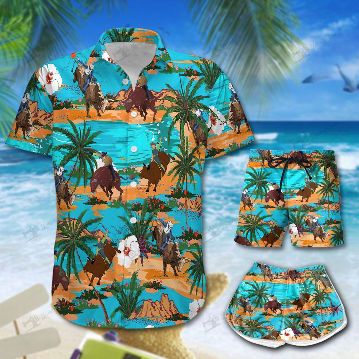 Bull Riding On Tropical Island Hawaiian Shirt Shorts Ha20650