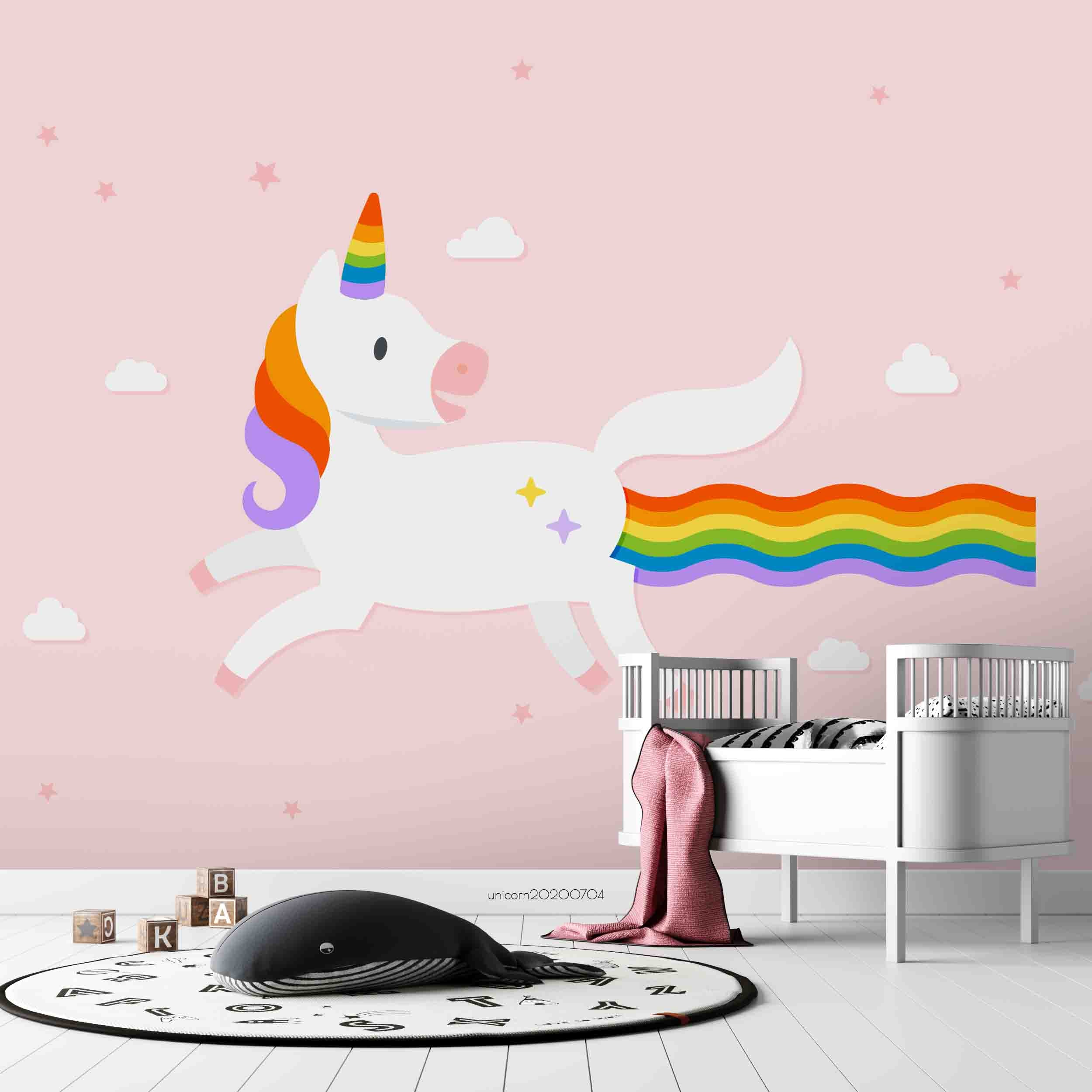 3D Cartoon Pink Sky Rainbow Unicorn Wall Mural Wallpaper Lxl 217