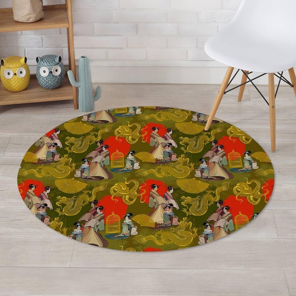 Geisha Japanese Dragon Print Round Rug