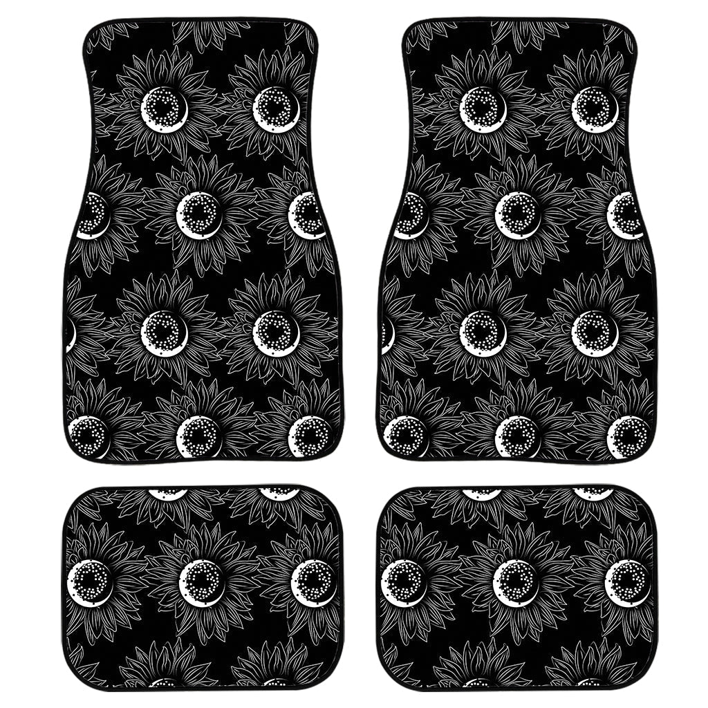 White And Black Sunflower Pattern Print Front And Back Car Floor Mats, Front Car Mat