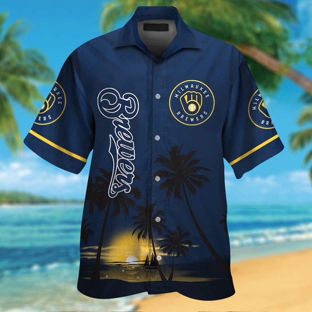 Unifinz Milwaukee Brewers Hawaiian Shirt Milwaukee Brewers Tropical Island Sunset Blue Hawaii Shirt Milwaukee Brewers Aloha Shirt 2022