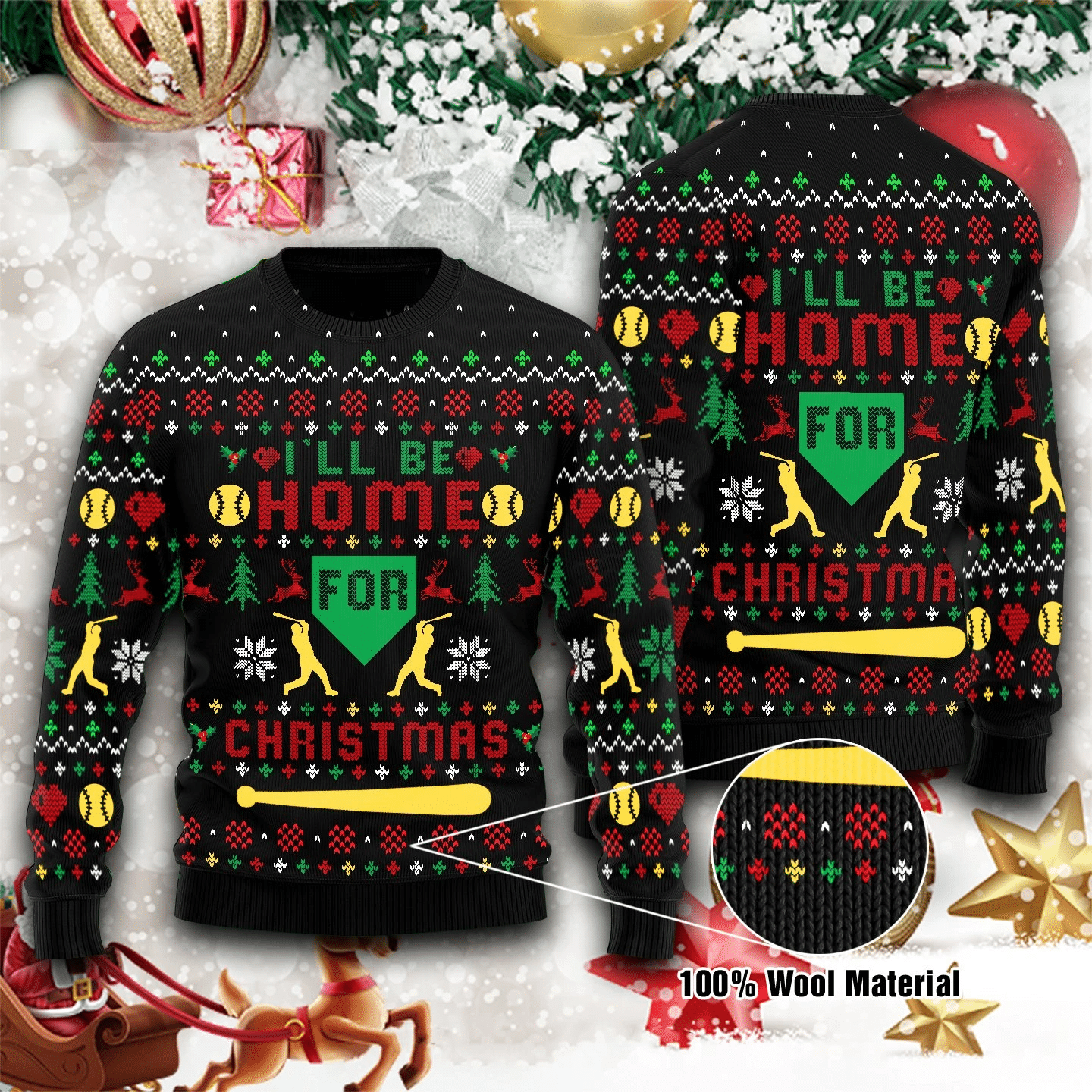 Baseball I’Ll Be Home For Christmas Ugly Christmas Sweater