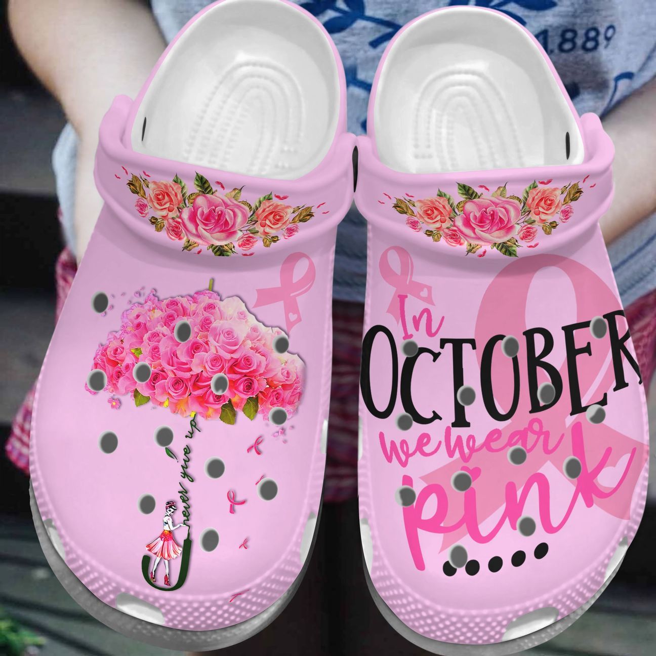 Breast Cancer Personalized Clog, Custom Name, Text, Color, Number Fashion Style For Women, Men, Kid, Print 3D Never Give Up