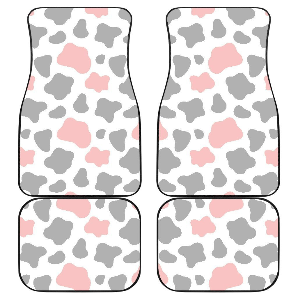 Pink Grey And White Cow Print Front And Back Car Floor Mats, Front Car Mat