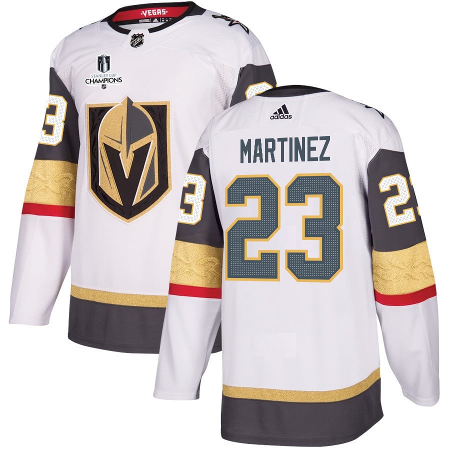 Alec Martinez 23 Vegas Golden Knights Stanley Cup 2023 Champions Patch Away Breakaway Men Jersey – White