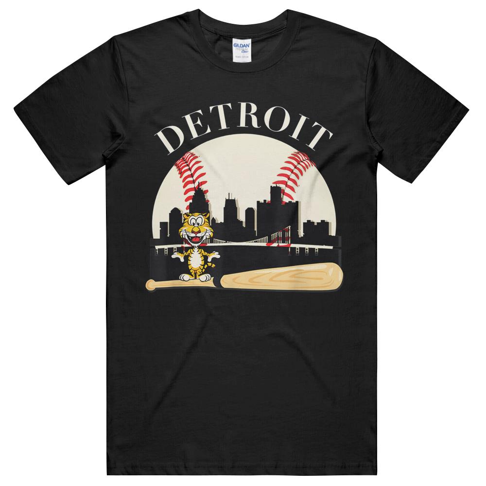 Detroit Baseball Tshirt Tiger Mascot And Skyline Design