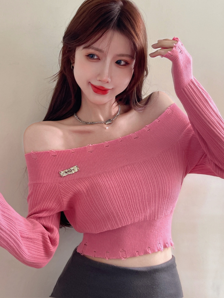 Woherb 2022 Fall Clothing Sueter Mujer Sexy Off Shoulder Crop Top Knitwear Sweater Women Pullovers Fashion Casual Jumper Y2k Top alx