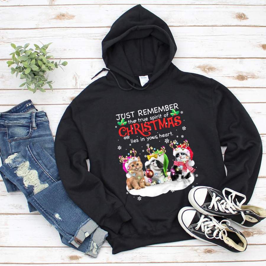 Cute cat reindeer jus remember the true spirit of christmas lies in your heart merry christ mas snow black hoodie for men and women S-5XL