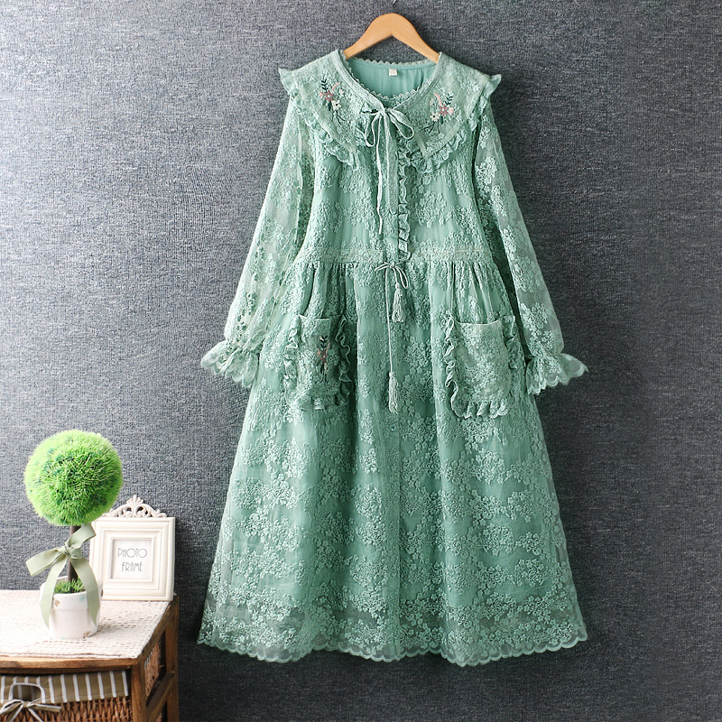 2022 Spring New Sweet Embroidery Detachable Large Lapel Long Sleeve Single Breasted Sweet Lolita Princess Midi Dress 792337 alx