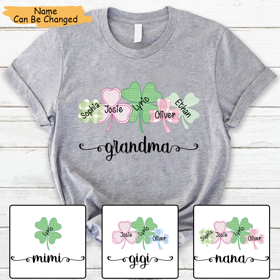 Personalized Grandma With Grandkids Shamrock Art St Patricks Day T-Shirt