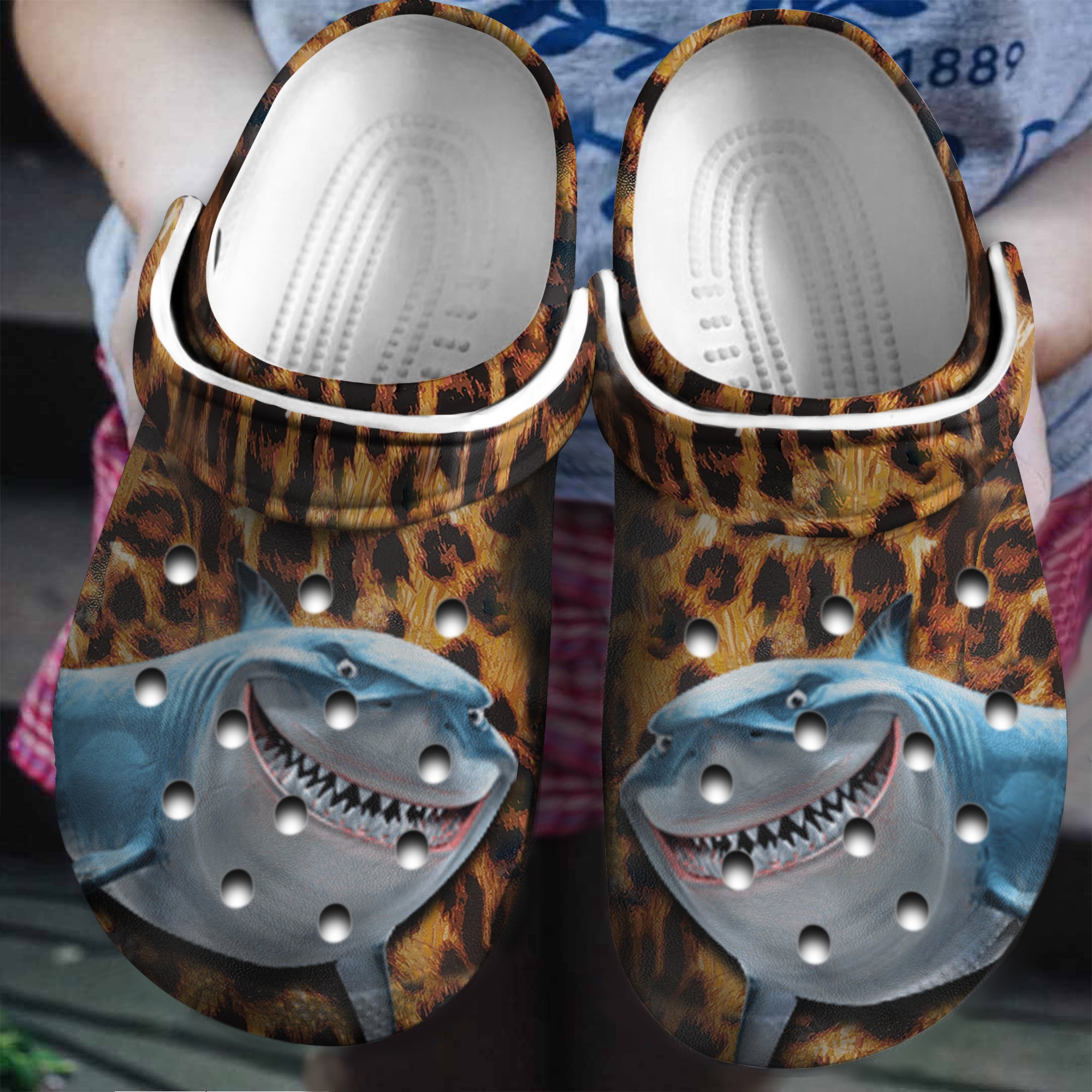 Shark Clogs Shoes With Leopard Background