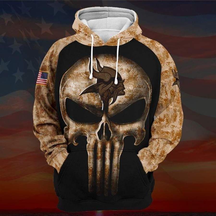 Camouflage Skull Minnesota Vikings American Flag Hoodie Unisex 3D All Over Print