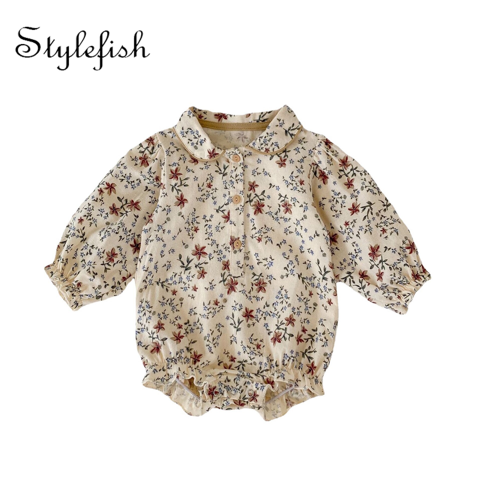 2022 autumn new hot baby clothes flower cotton romper Lapel baby girls long sleeved romper alx