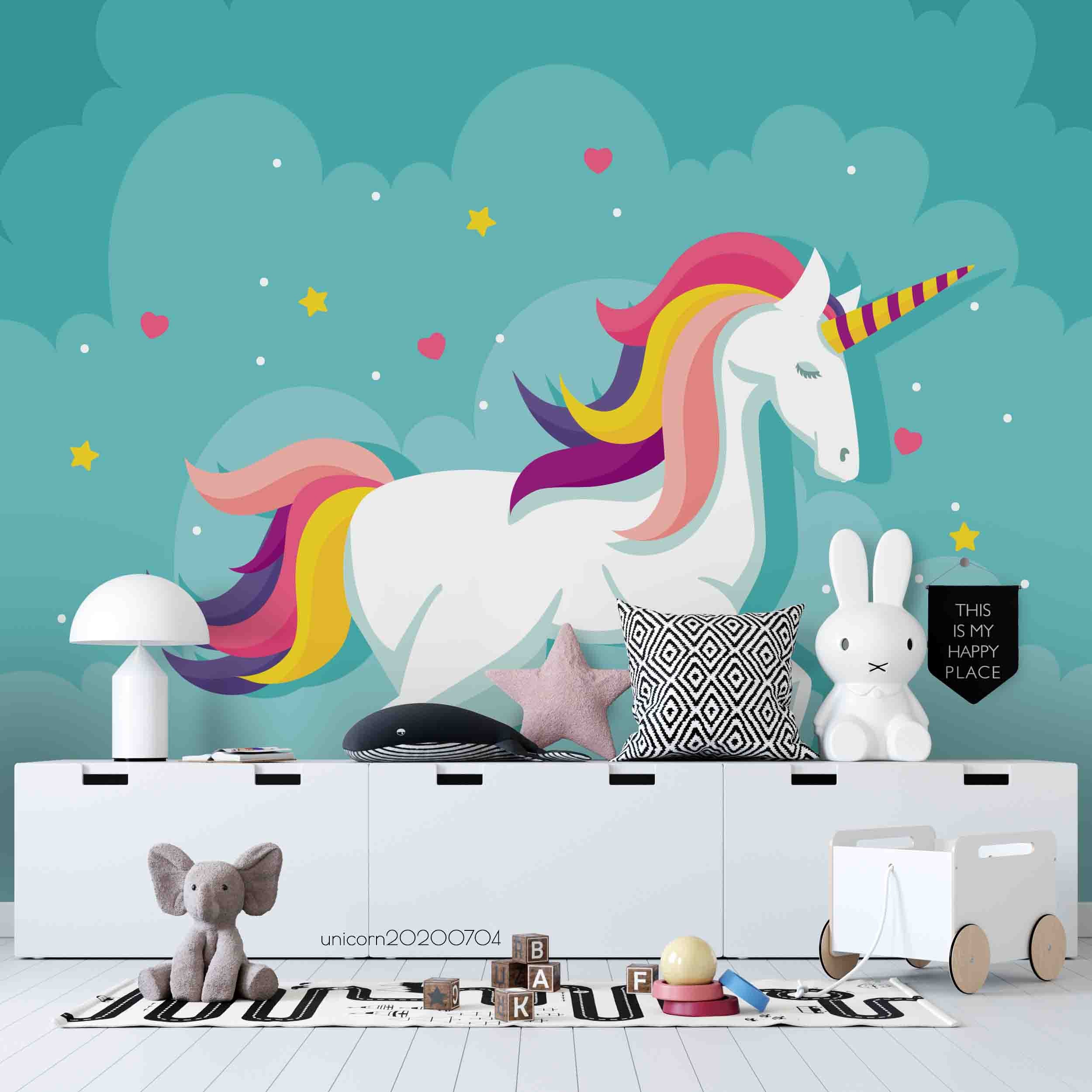 3D Cartoon Green Unicorn Wall Mural Wallpaper A012 Lqh