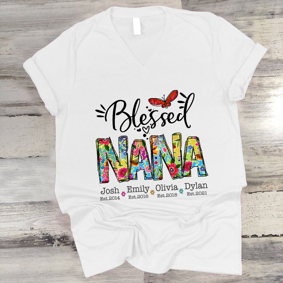 Blessed Nana Grandkids Est Colorful V-Neck