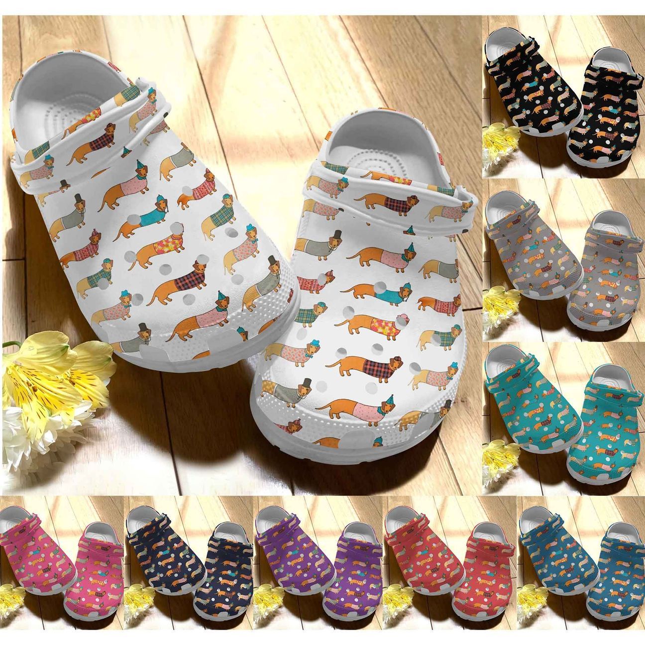 Dachshund Personalize Clog, Custom Name, Text, Fashion Style For Women, Men, Kid, Print 3D Whitesole Dachshund Pattern 7