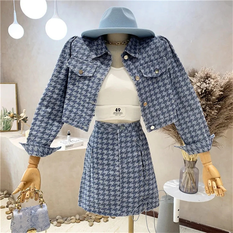 Vintage Houndstooth Two Piece Set Women Outfits Korean Fashion Long Sleeve Cropped Jacket And High Waist A-Line Mini Skirt Suits alx