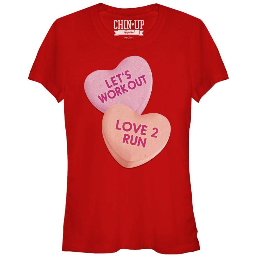 CHIN UP Junior’s Valentine Heart Candy Workout  T Shirt Red