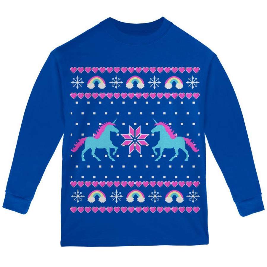 Unicorn Rainbow Ugly Christmas Sweater Youth Long Sleeve T Shirt