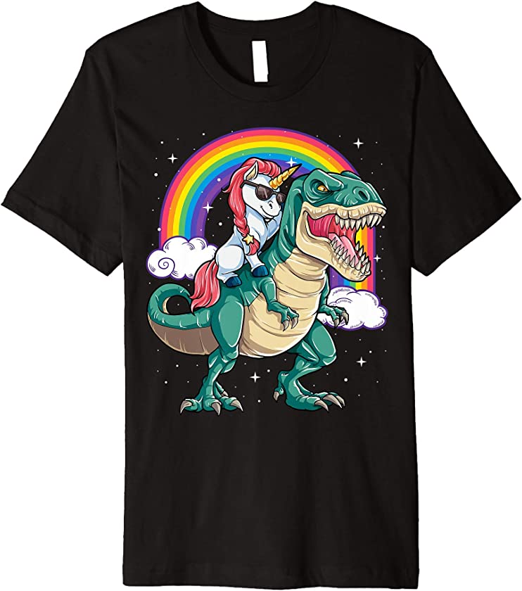 Unicorn Riding Dinosaur T rex Boys Girls Kids Rainbow Gifts Premium T-Shirt