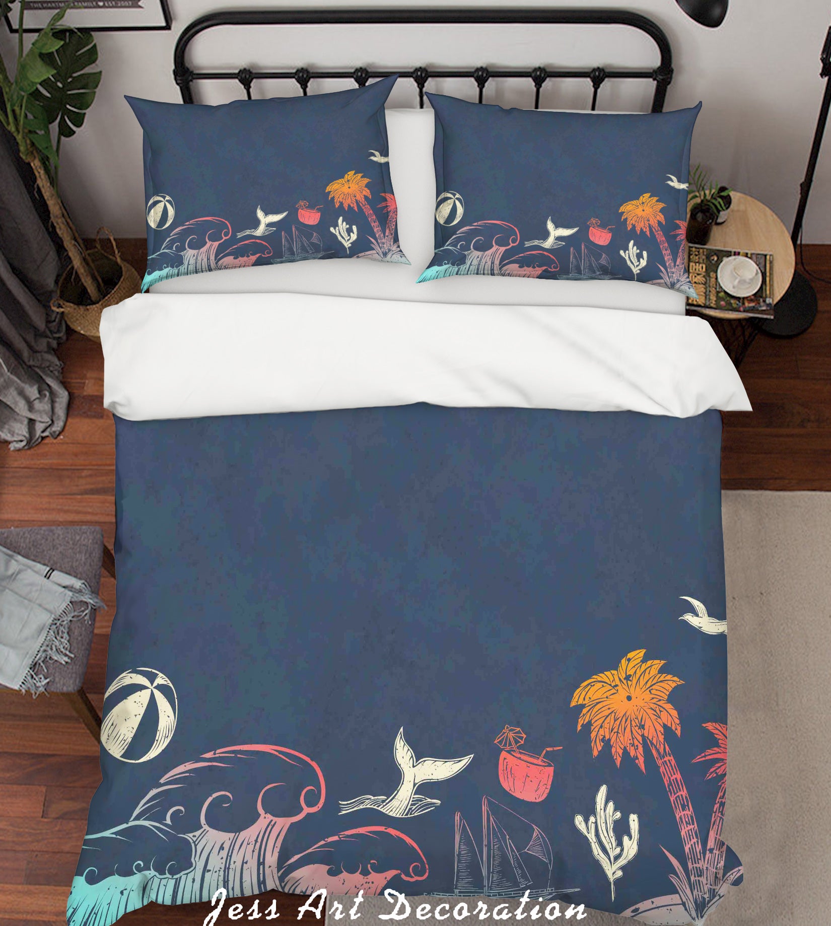 3D Blue Ball Whale Sailboat Coconut Palm Tree Seagull Wave Quilt Cover Set Bedding Set Duvet Cover Pillowcases Sf97