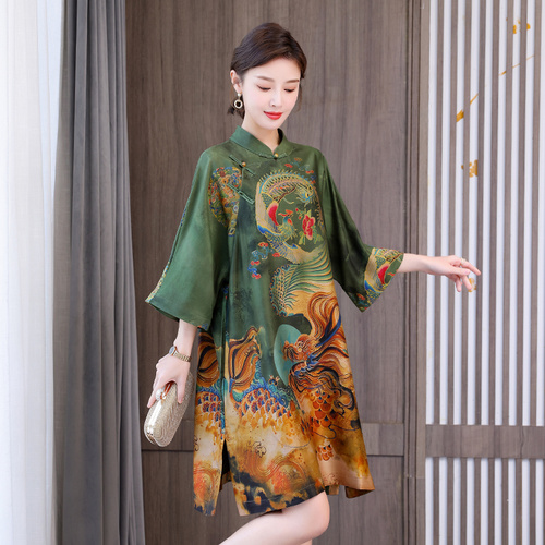 2022 Spring Summer Robe Yarn Mini Dress Chinese Court Retro Style Silk Dragon and Phoenix Print Long A-line Dresses alx