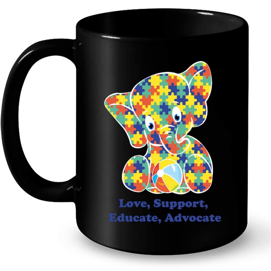 Autism Elephant Strong Love Support Educate Advocate – Full-Wrap Coffee Black Mug